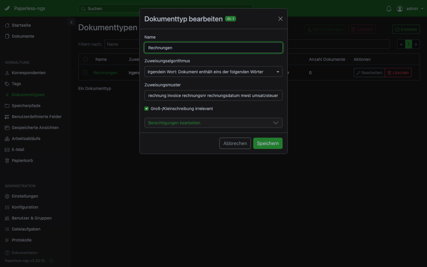 Paperless-NGX Dokumenttyp Rechnungen anlegen mit Keyword-Matching Konfiguration