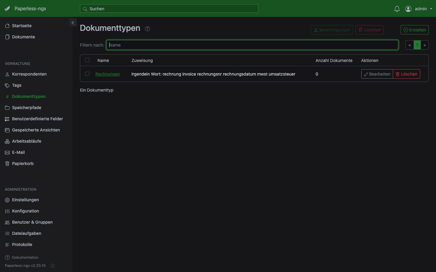 Paperless-NGX Dokumenttypen Liste mit dem Typ Rechnungen gespeichert