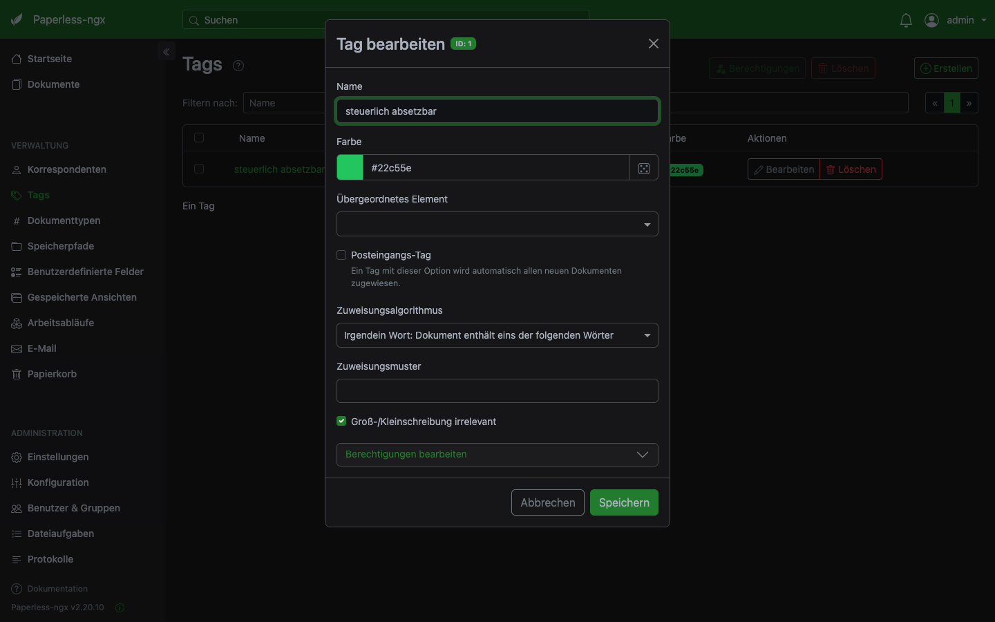 Paperless-NGX Tag steuerlich absetzbar mit grüner Farbe anlegen