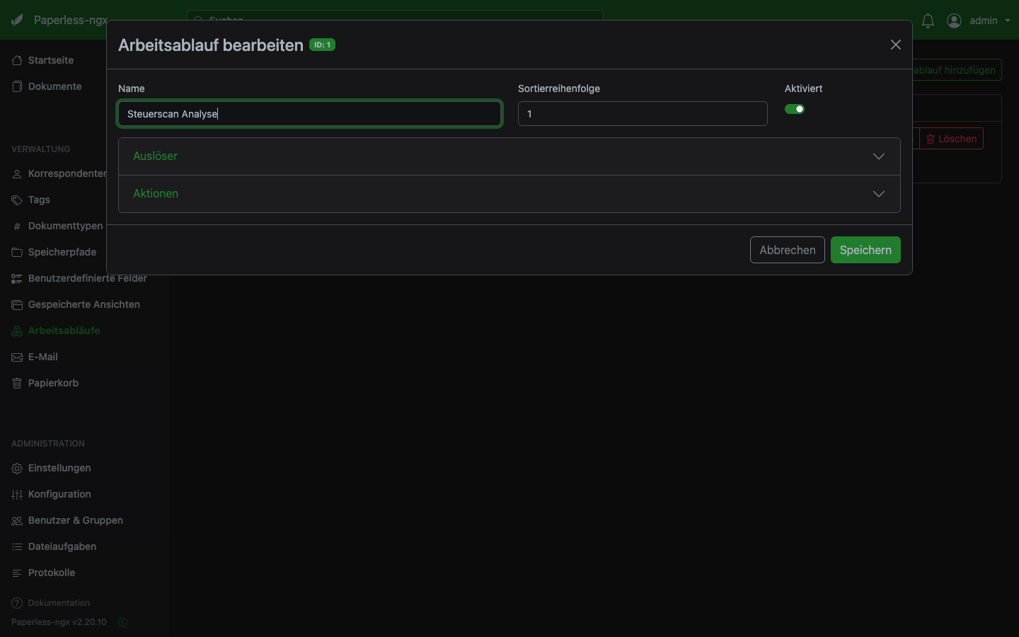 Paperless-NGX Workflow mit Webhook-Aktion an n8n konfiguriert mit doc_url Parameter