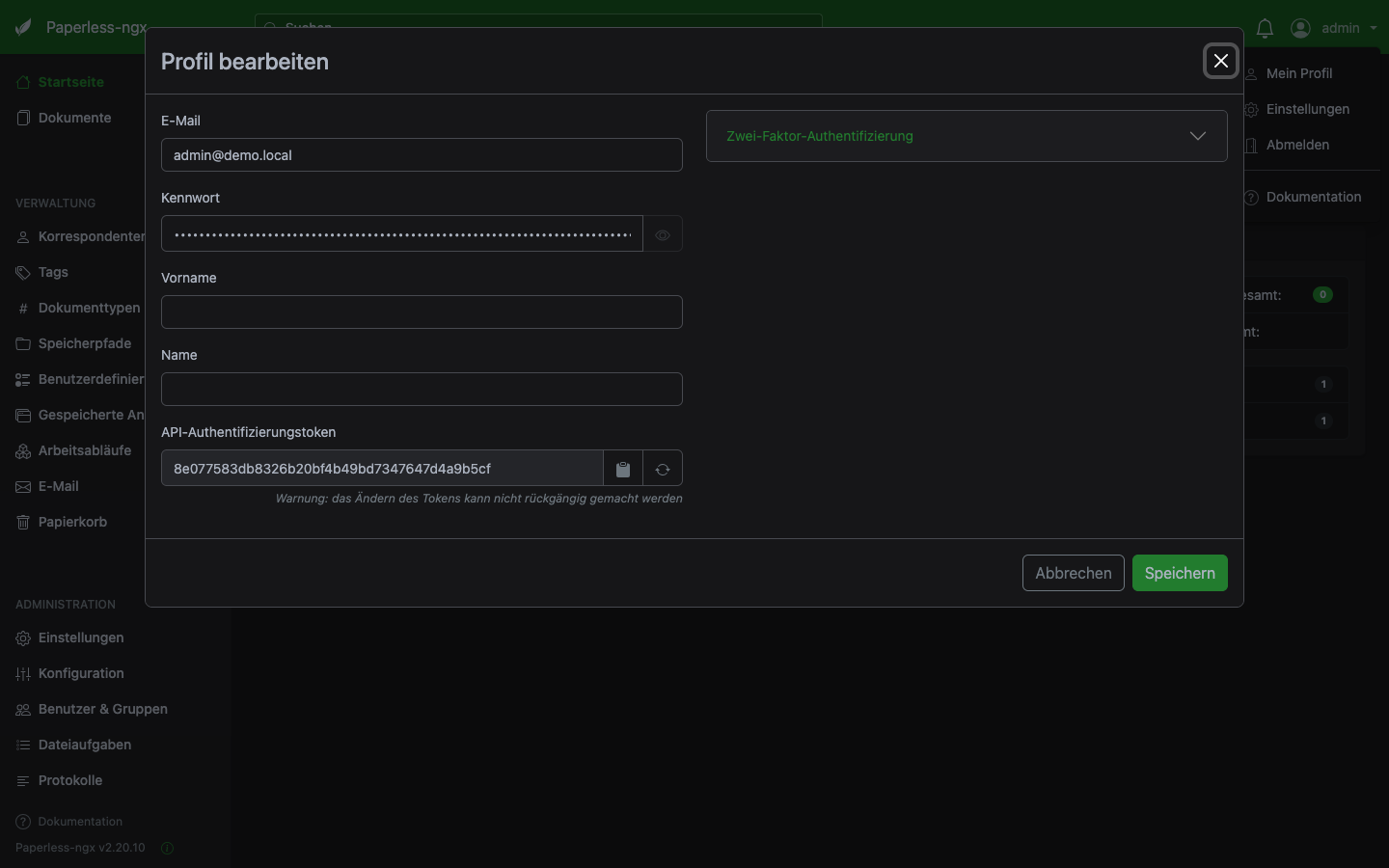Paperless-NGX Profil mit API Token Abschnitt zum Kopieren