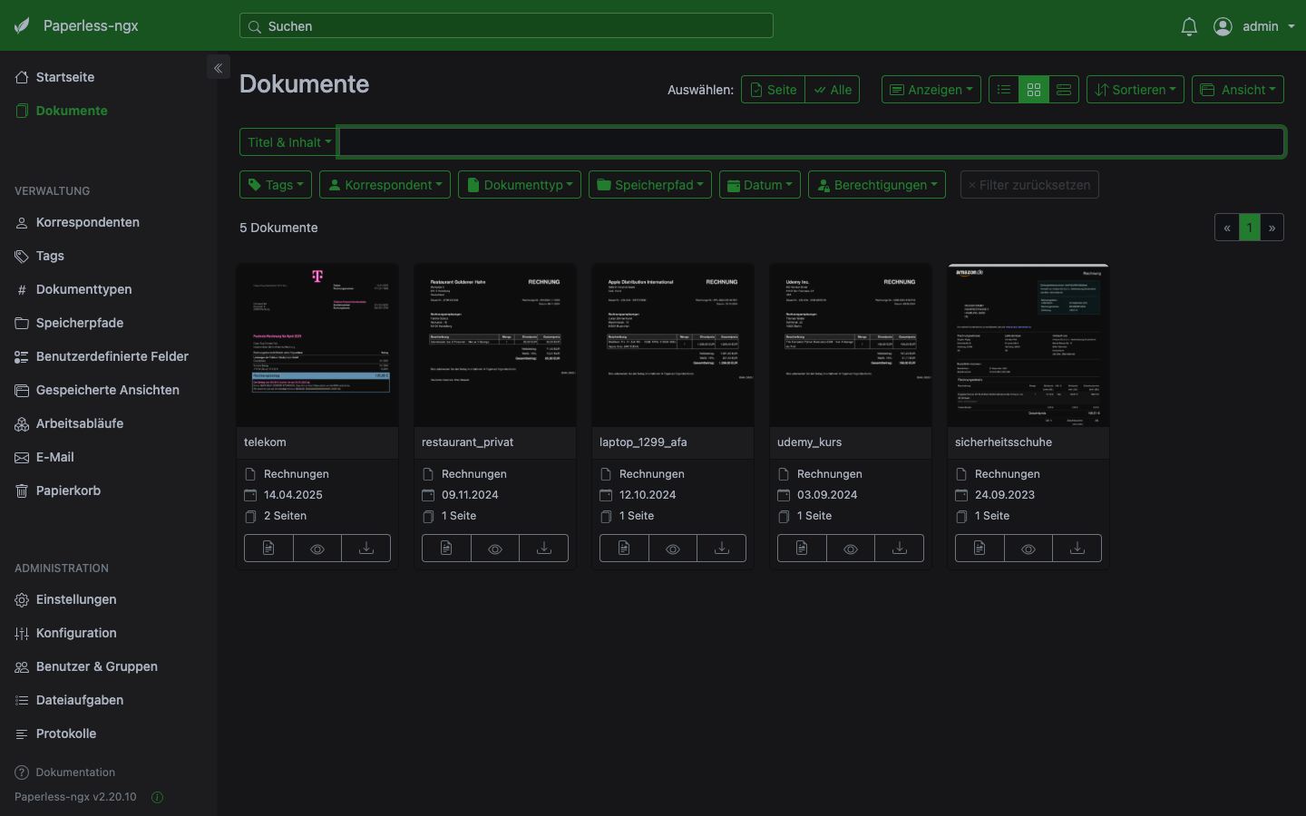 Paperless-NGX Dokumentenliste mit hochgeladenen Rechnungen und automatisch zugewiesenem Dokumenttyp