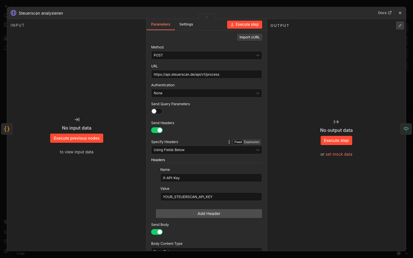 n8n Steuerscan analysieren Node mit X-API-Key Header Konfiguration