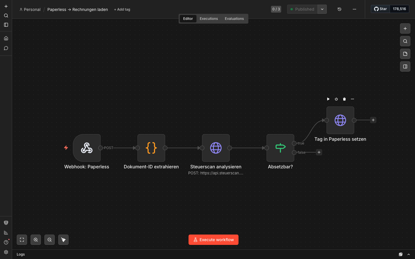 n8n Workflow aktiviert und bereit für automatische Rechnungsanalyse